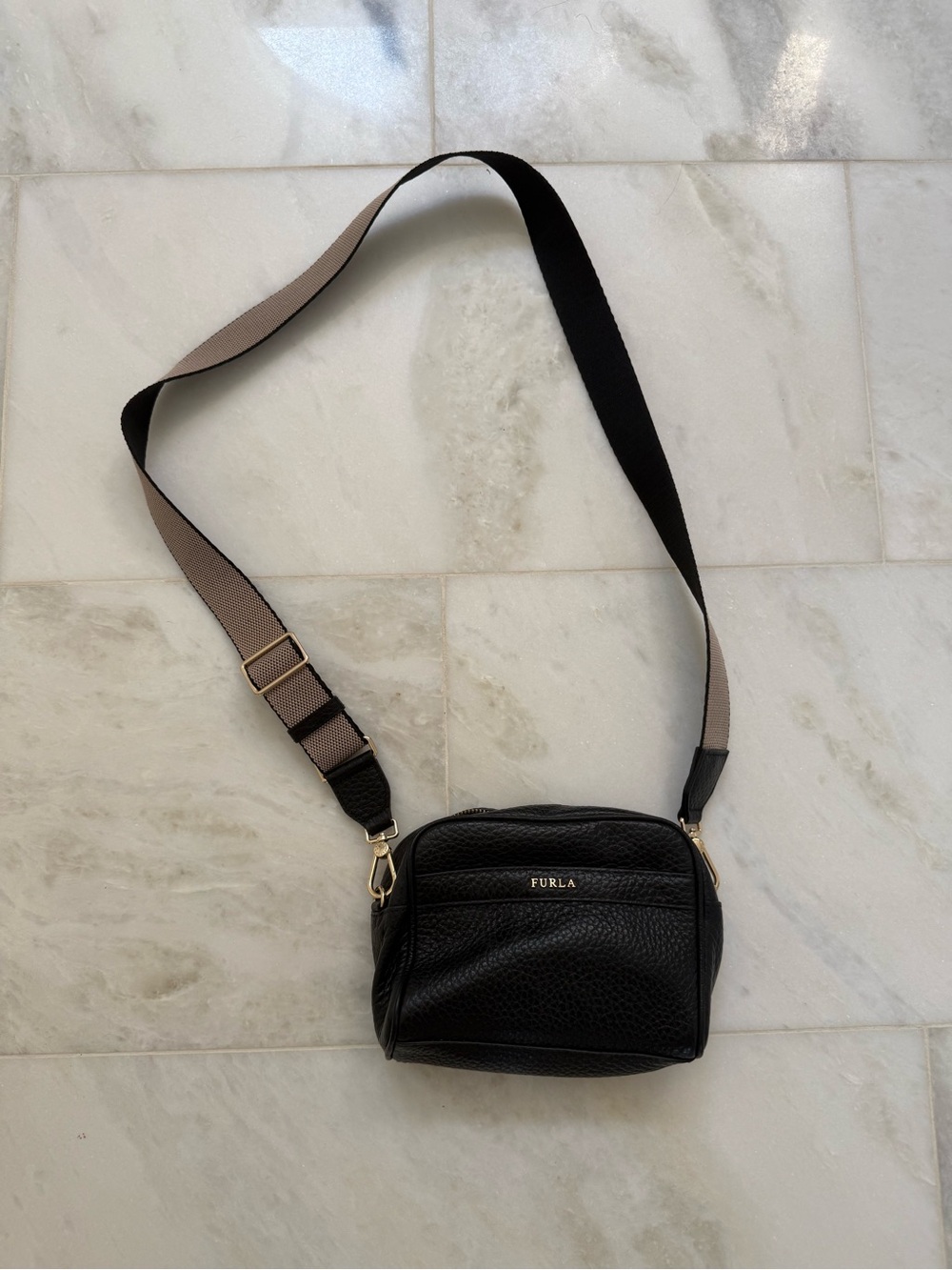 Furla Black Pebbled Leather Belt Bag with Two-Tone Strap